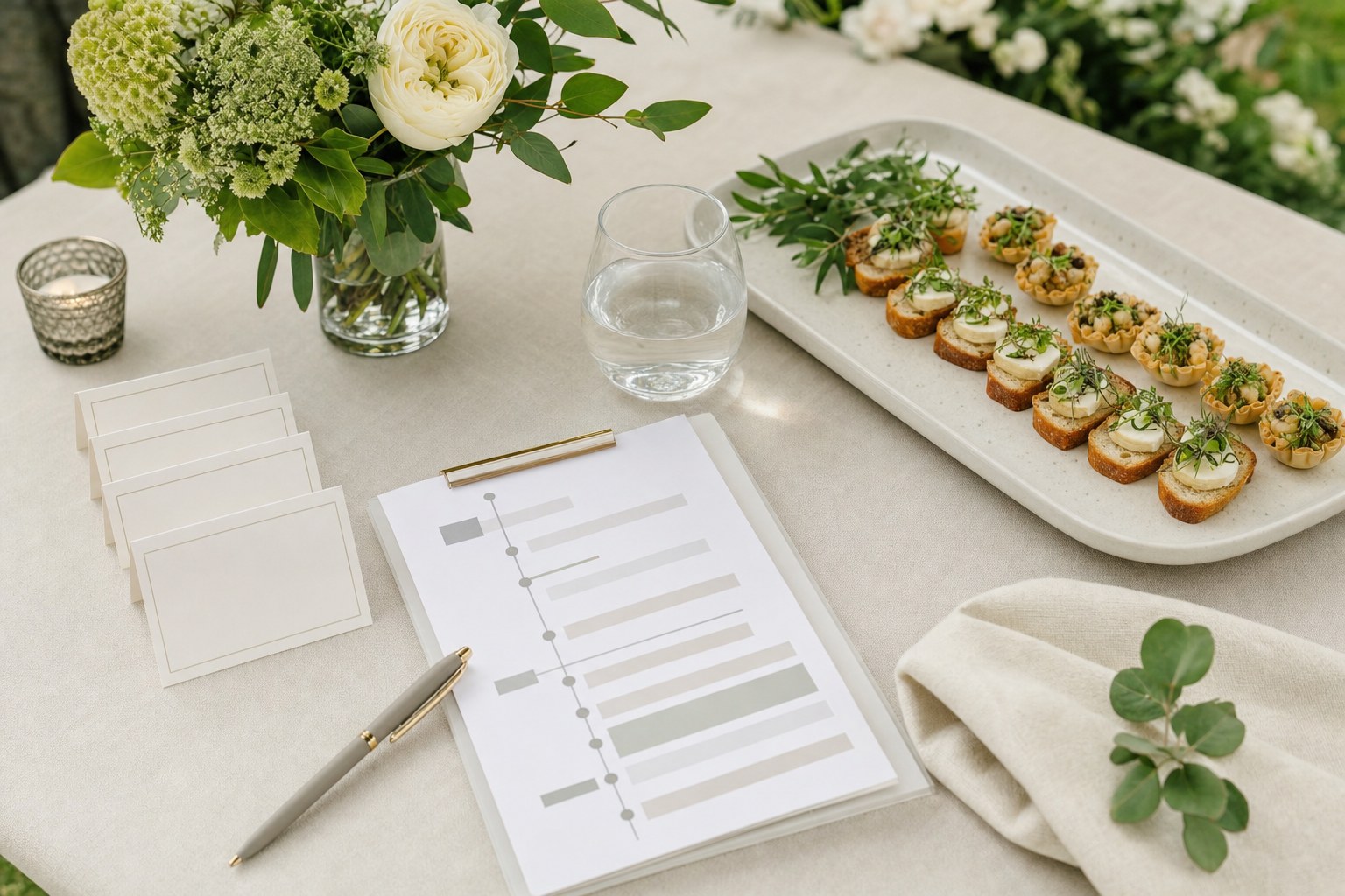 A wedding reception timeline arranged beside a tray of small appetizers