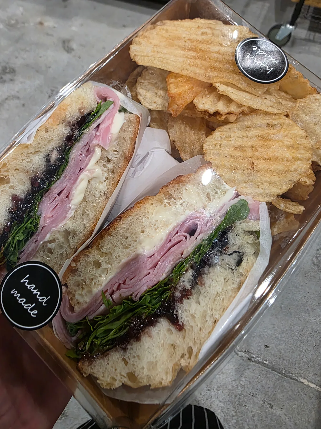 A fresh focaccia sandwich and chips