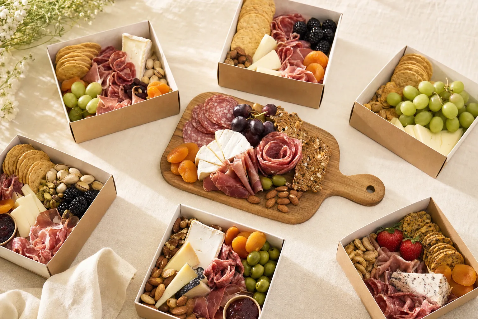 Individual charcuterie boxes and boards arranged together