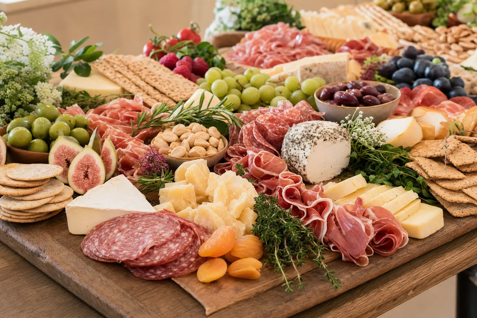 A charcuterie board with meats, cheeses, fruit and crackers