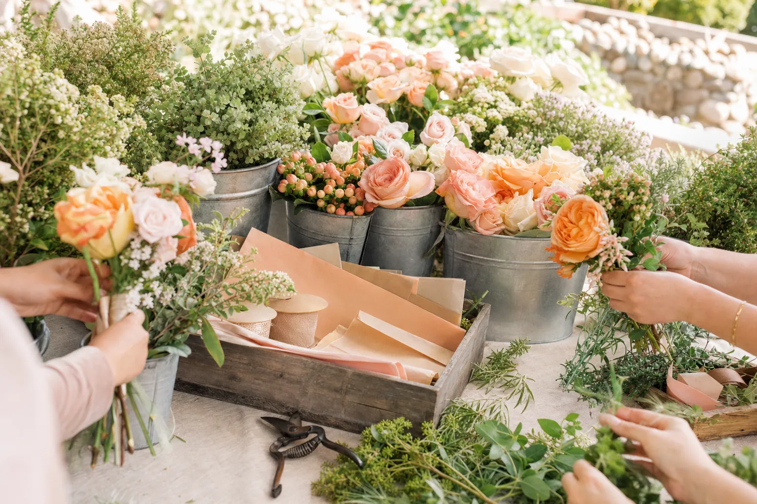 Guests making bouquets at a fresh flower bar