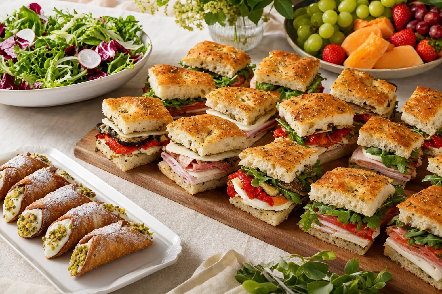 Focaccia sandwiches with fresh cannolis, fruit and salad prepared for pickup