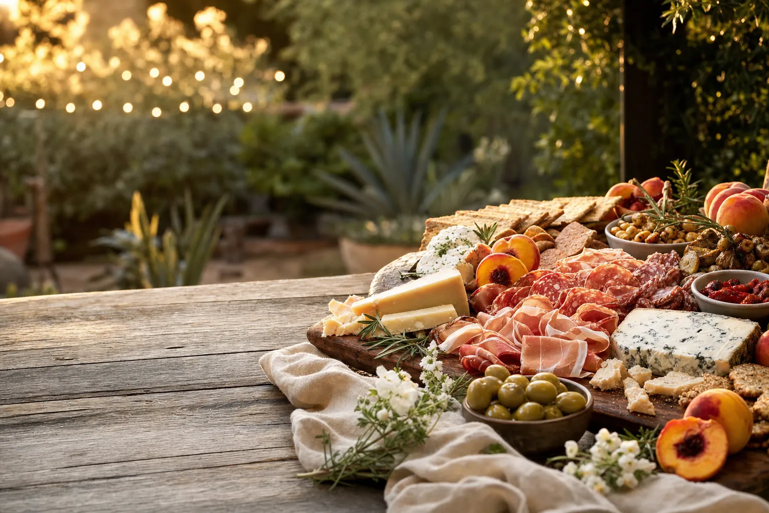 Charcuterie arranged for an outdoor gathering