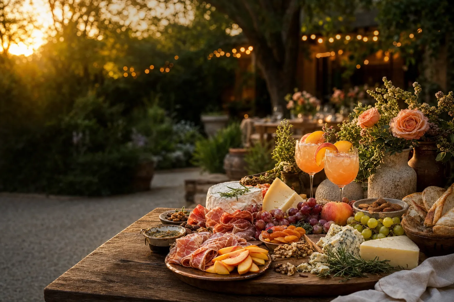 An outdoor grazing table arranged for a celebration