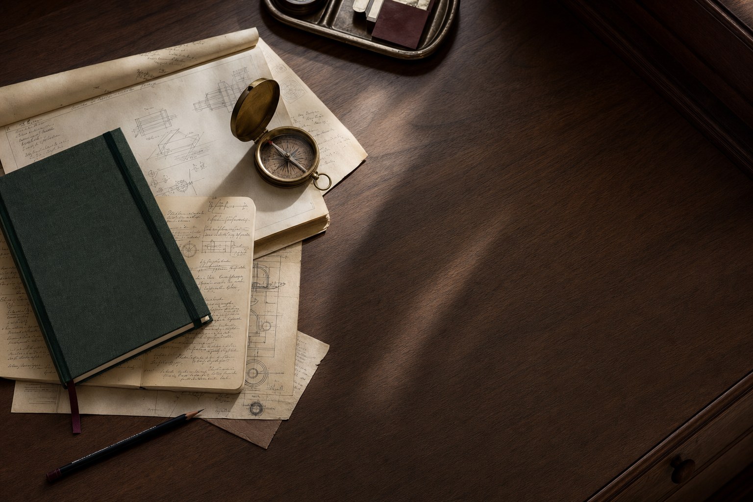 Strategic planning materials on a walnut desk