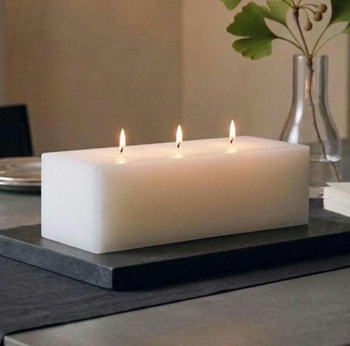 10 Inch Triple Wick White Rectangular Pillar Architectural Stone Hand Poured Large Pillar Candle
