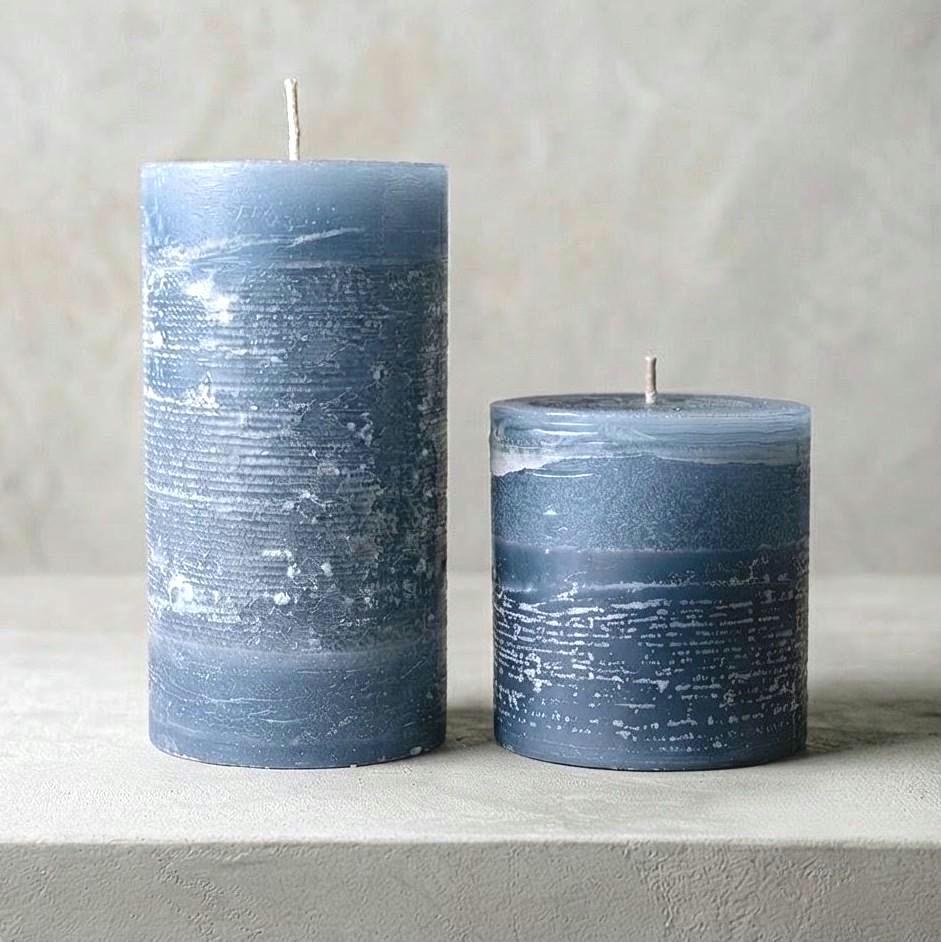 Blue Shale Textured Pillar Candle Set: Dripless Paraffin Modern Stone Effect Minimalist Home Decor