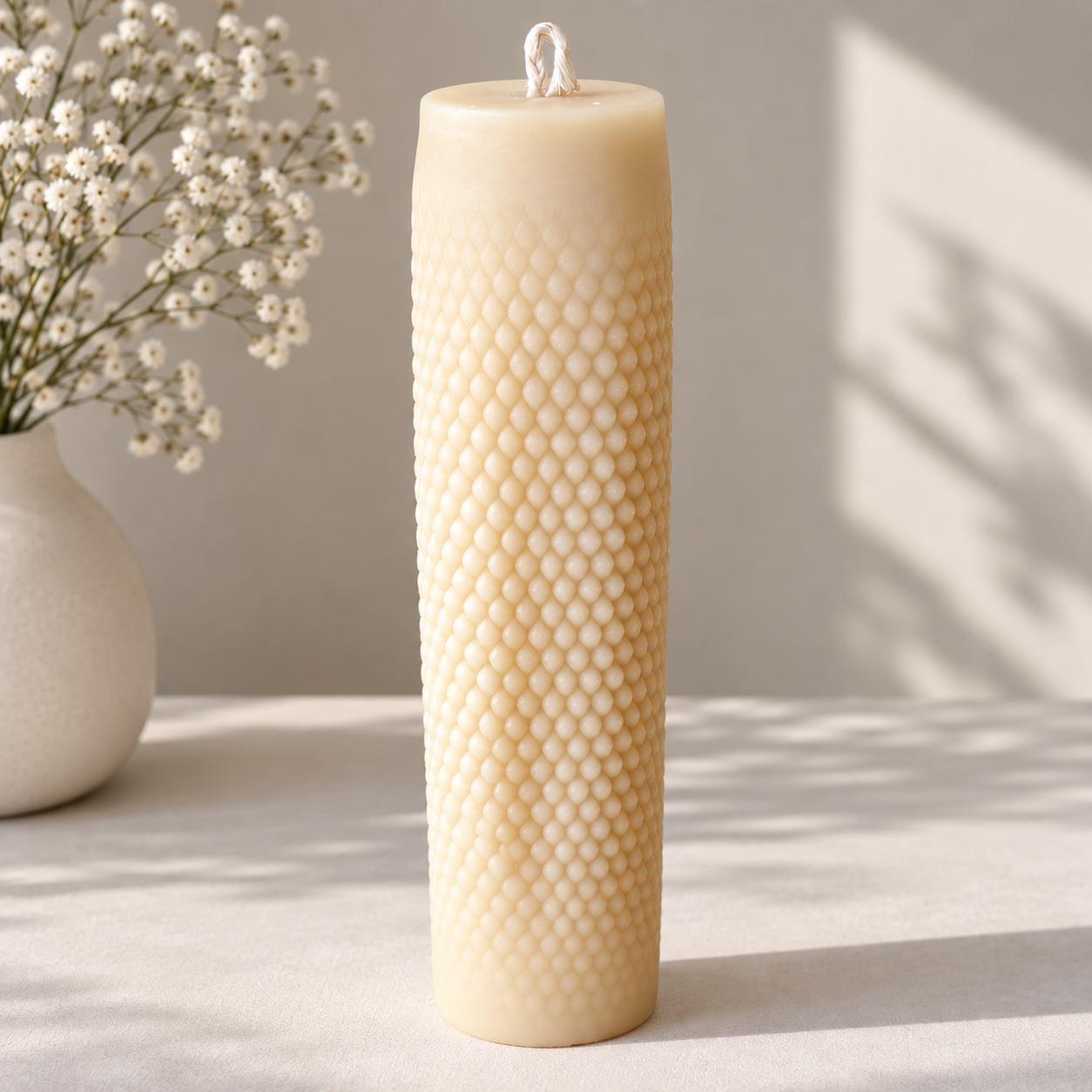 Cream Tall Dotted Soy Pillar: Modern Architectural Centerpiece