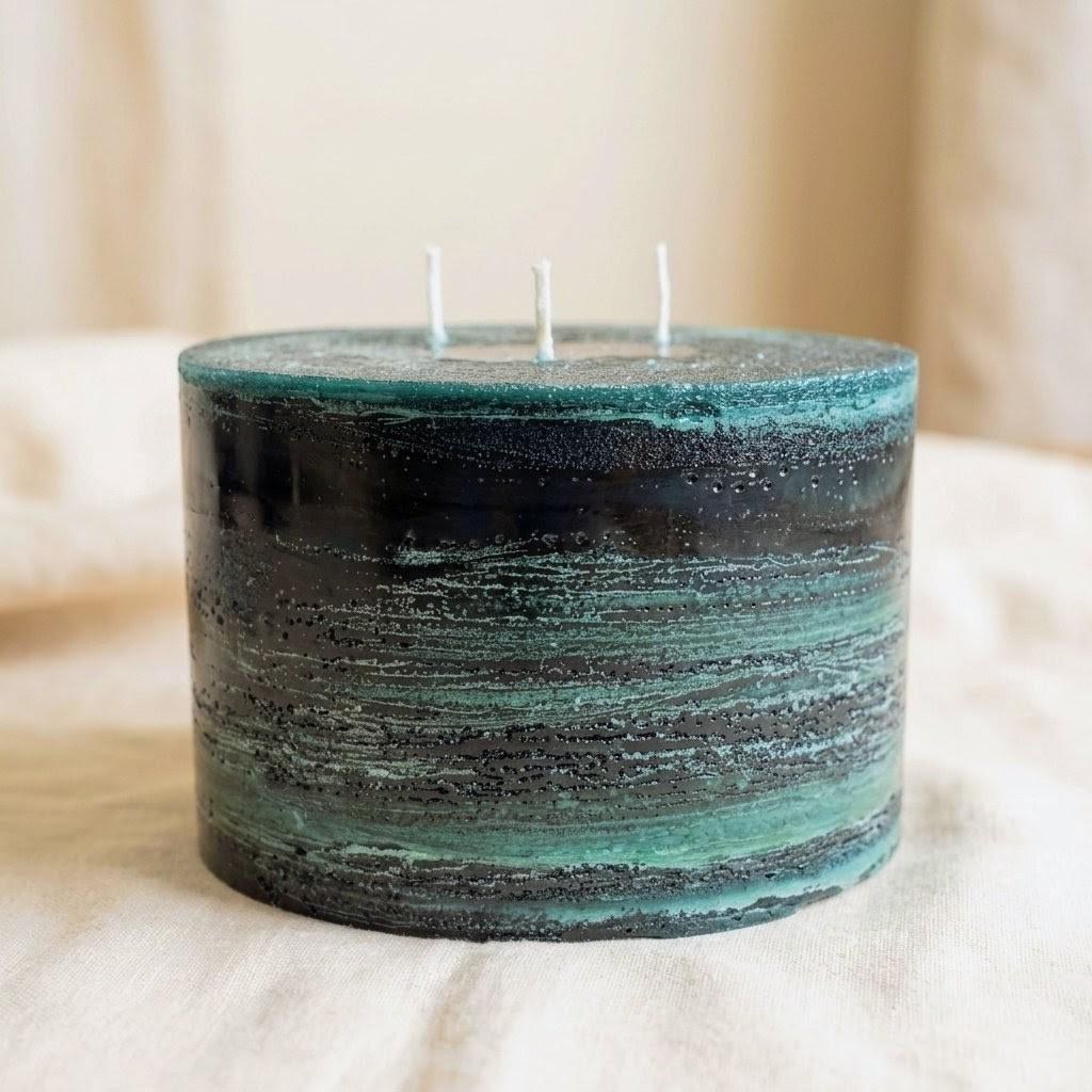 Deep Emerald Mineral Pillar Candle | Black Green Three Wick Dripless Statement Candle