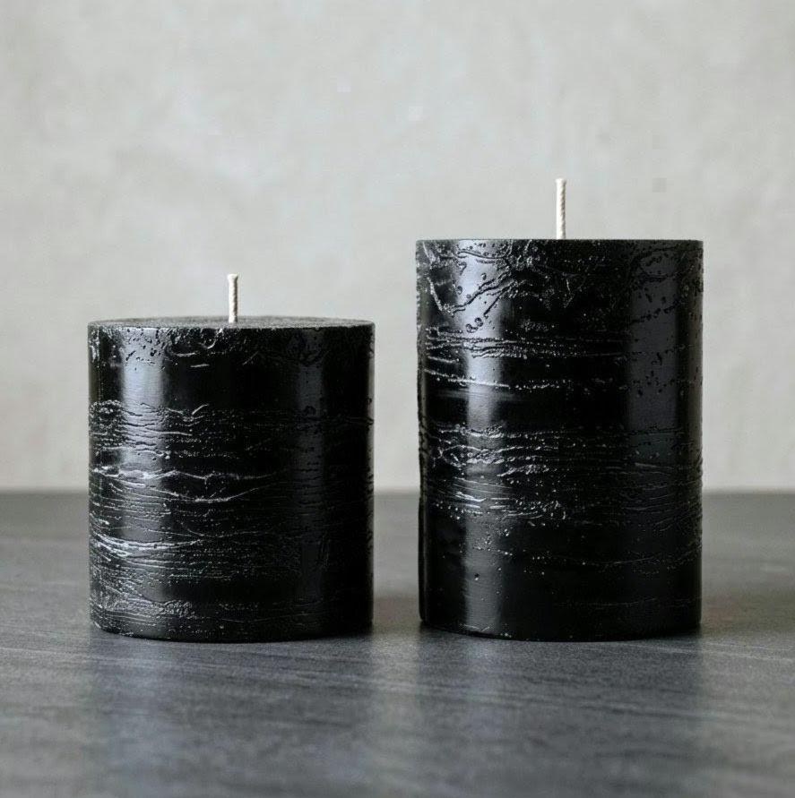 Hand-Poured Black Textured Pillar Candle Duo | Dripless Paraffin (3" & 4")