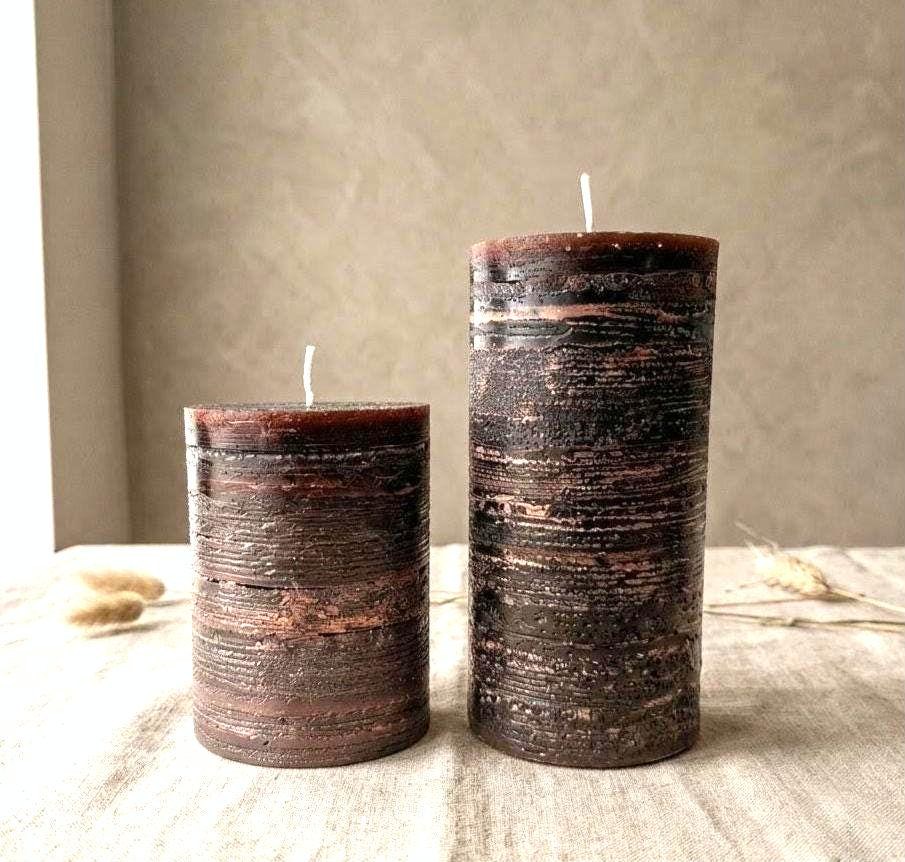 Hand-Poured Bronze Pillar Candle Set | Textured, Dripless Paraffin (4" & 6.5")
