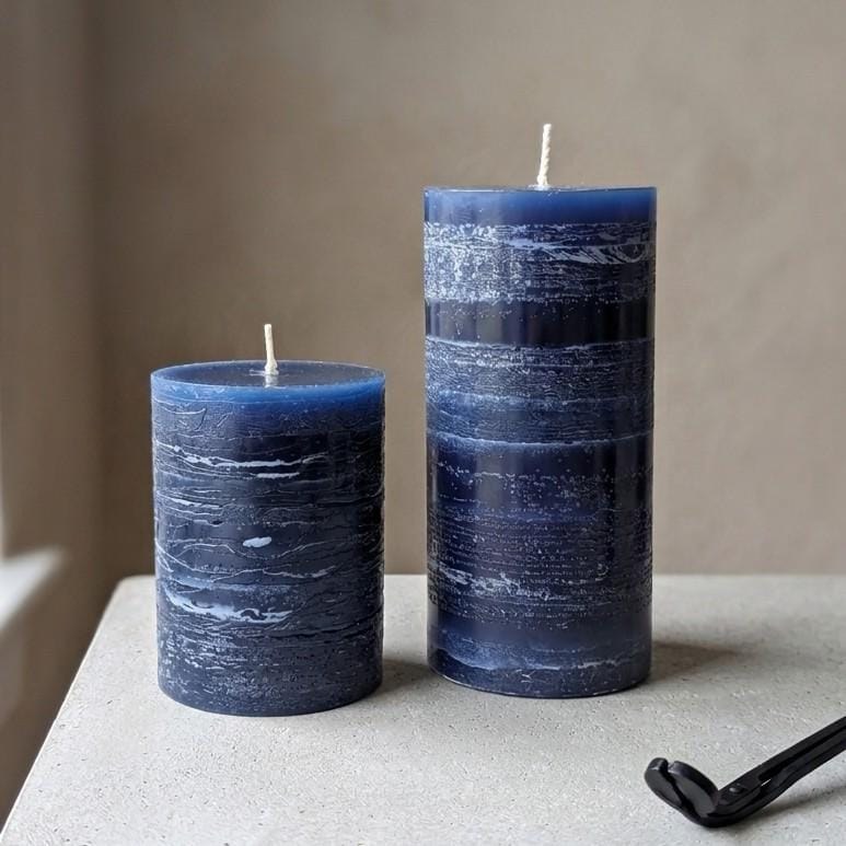 Lapis Blue Stone Pillar Candle: Textured, Dripless Paraffin 4 Inch 6.5 Inch Duo