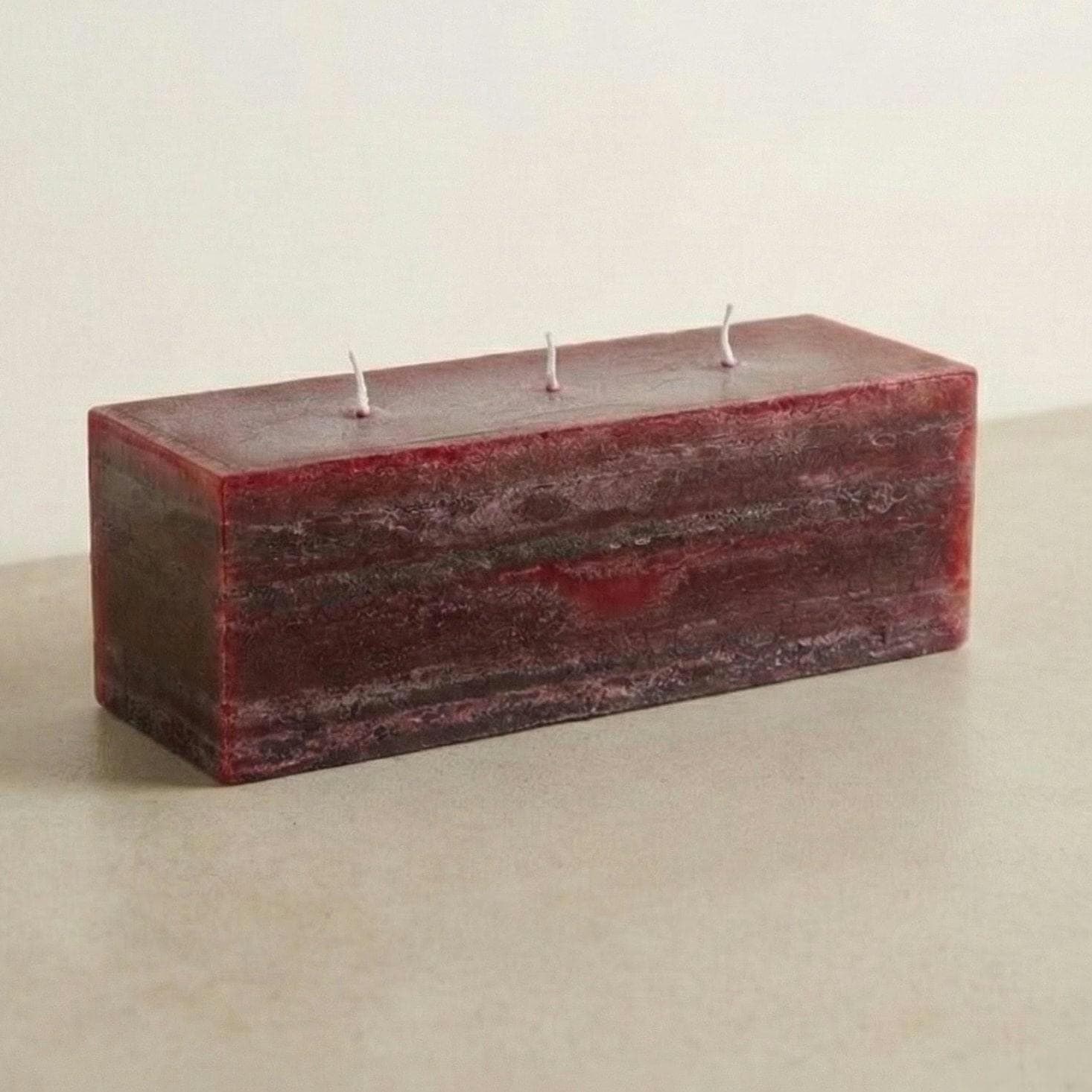 Large Burgundy Rectangular 3 Wick Pillar Mineral Collection Stone Texture Dripless Paraffin Architectural Centerpiece