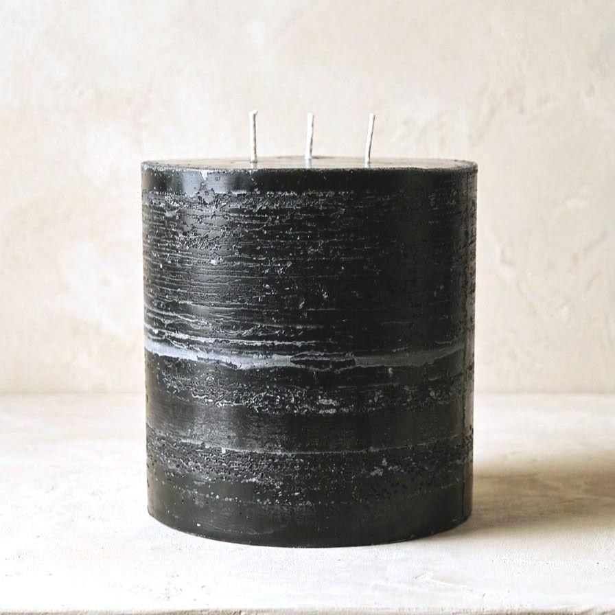 Large Mottled Black 3-Wick Pillar Candle Dripless Paraffin Statement Piece