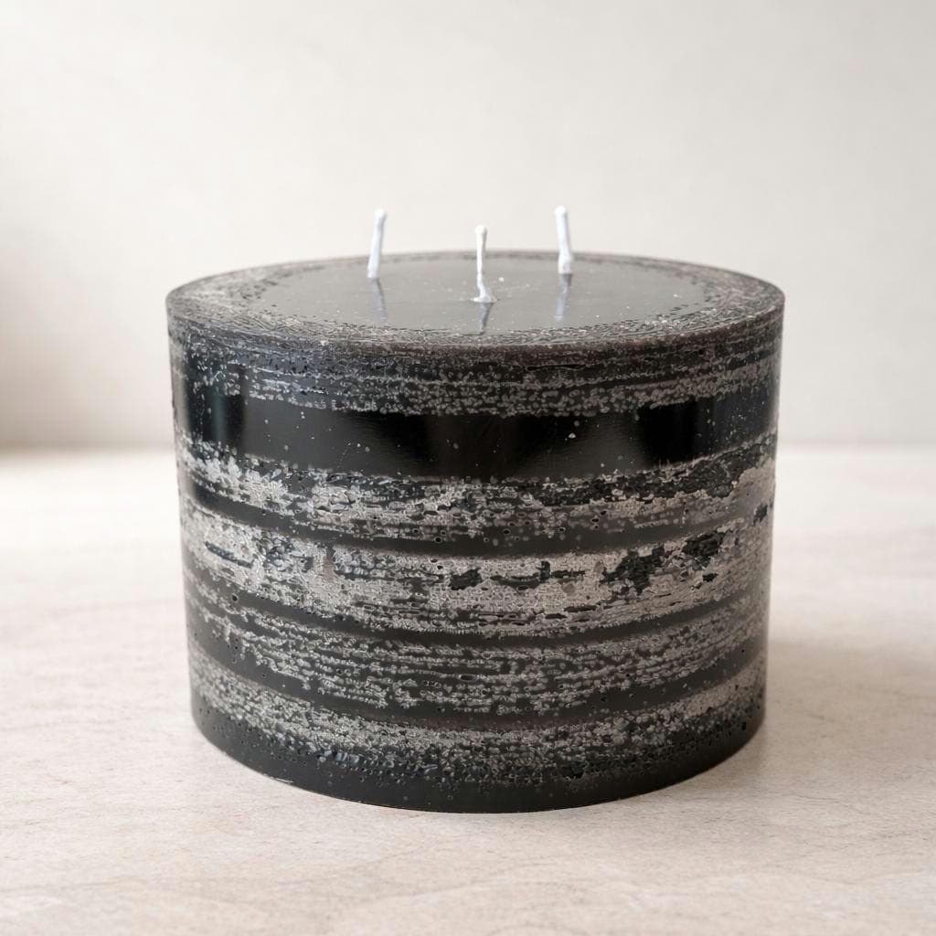 Mottled Chocolate Brown 3-Wick Pillar Candle, 6-Inch Diameter, Stone Texture, Dripless Paraffin