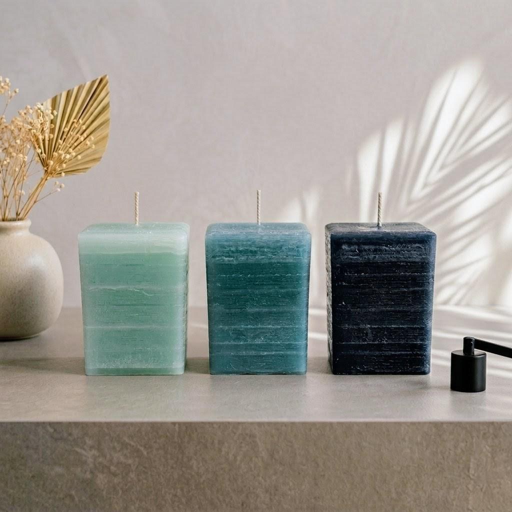 Ocean Series Square Pillar Candle | Seafoam, Lagoon, Abyss | Coastal Modern Decor