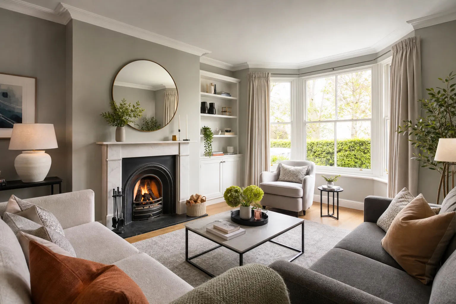Bright, carefully prepared sitting room with a bay window