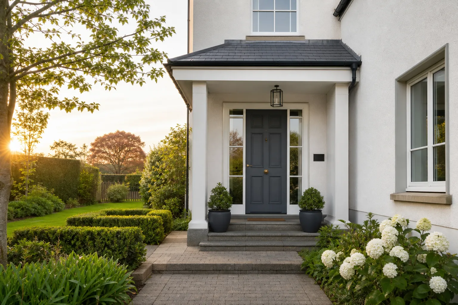 A well-kept home entrance framed by a garden in soft morning light