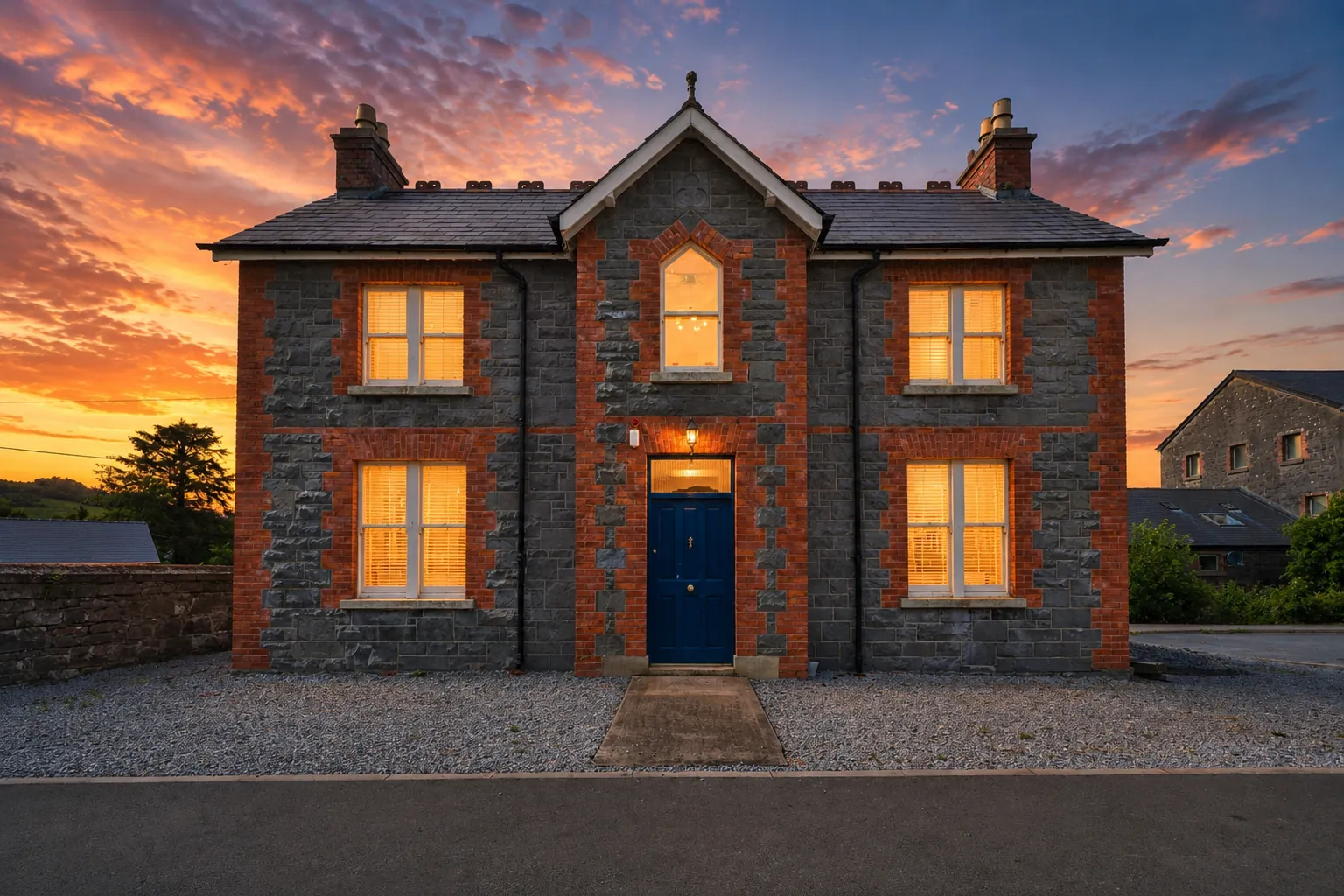 Stone home photographed at twilight