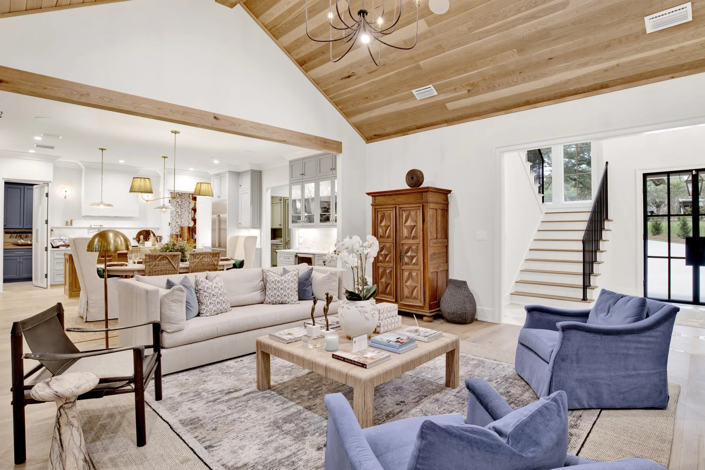 Light-filled living space with timber ceiling
