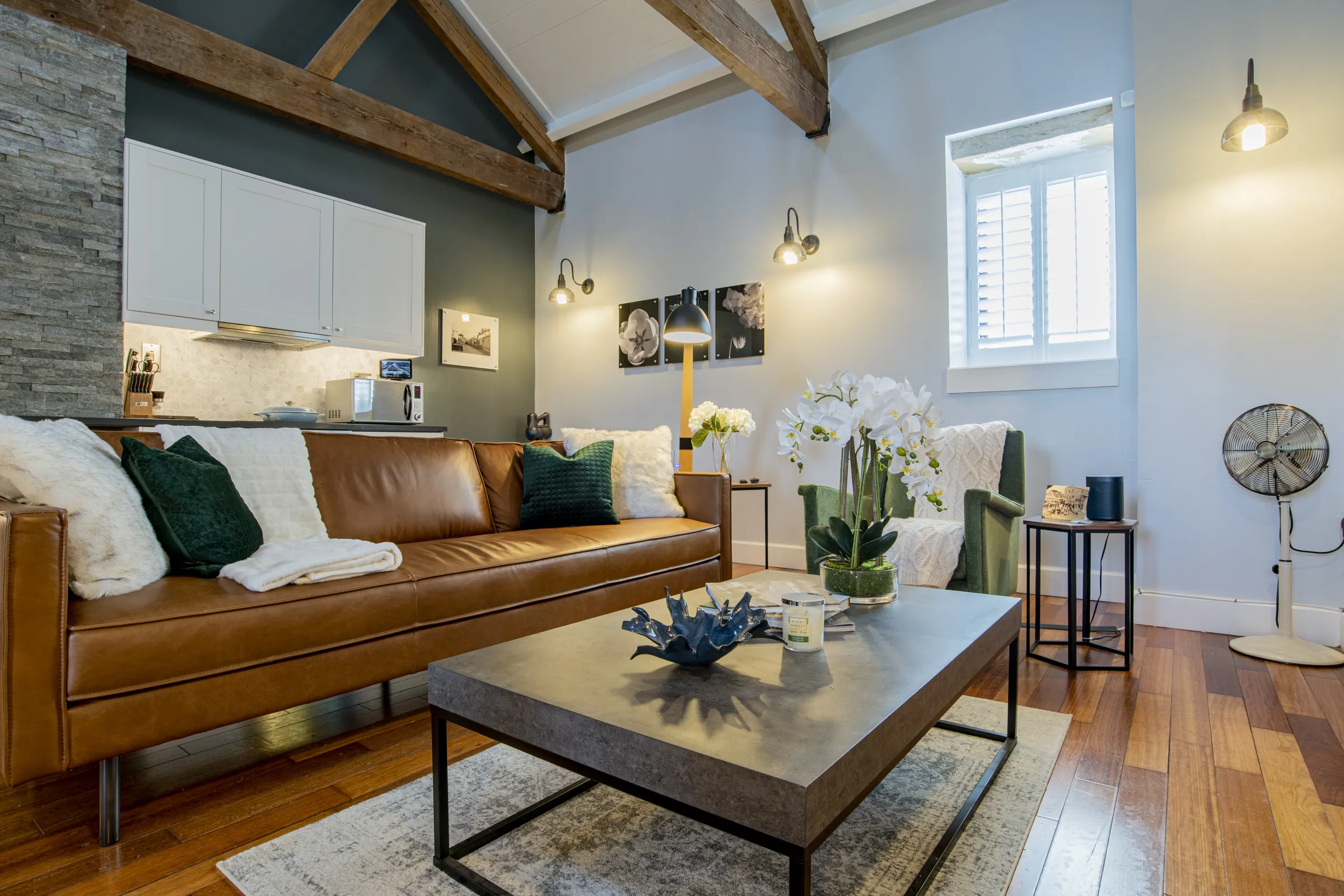 Living room with exposed timber beams