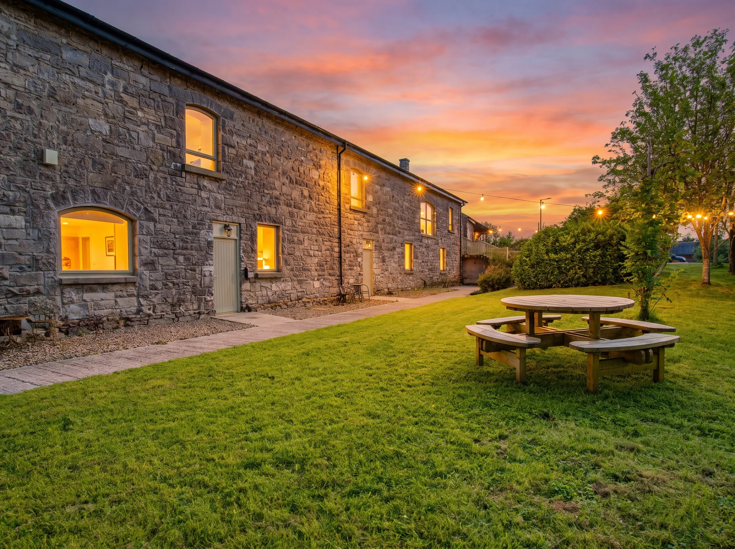 Stone cottage photographed at twilight