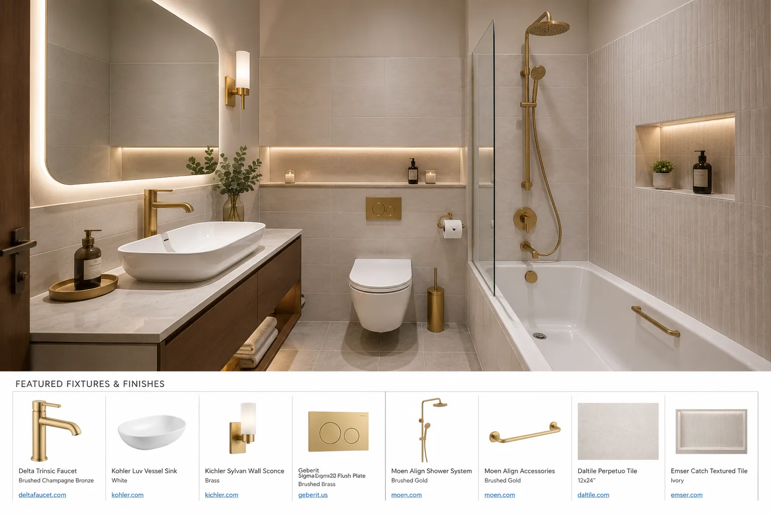 After virtual renovation: bathroom with a walnut vanity, brass fixtures and warm tiled finishes