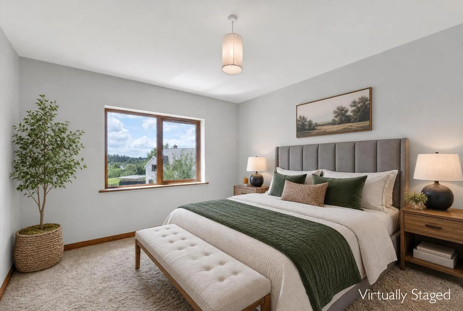 After virtual staging: bedroom styled with layered bedding and bedside tables
