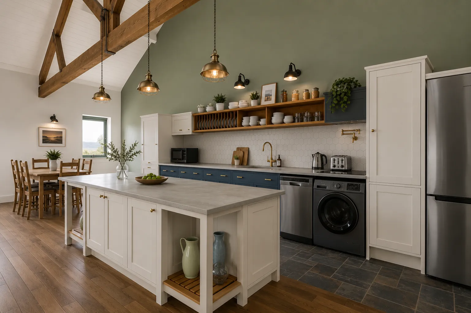 After virtual renovation: kitchen with a central island, open shelving and green feature wall