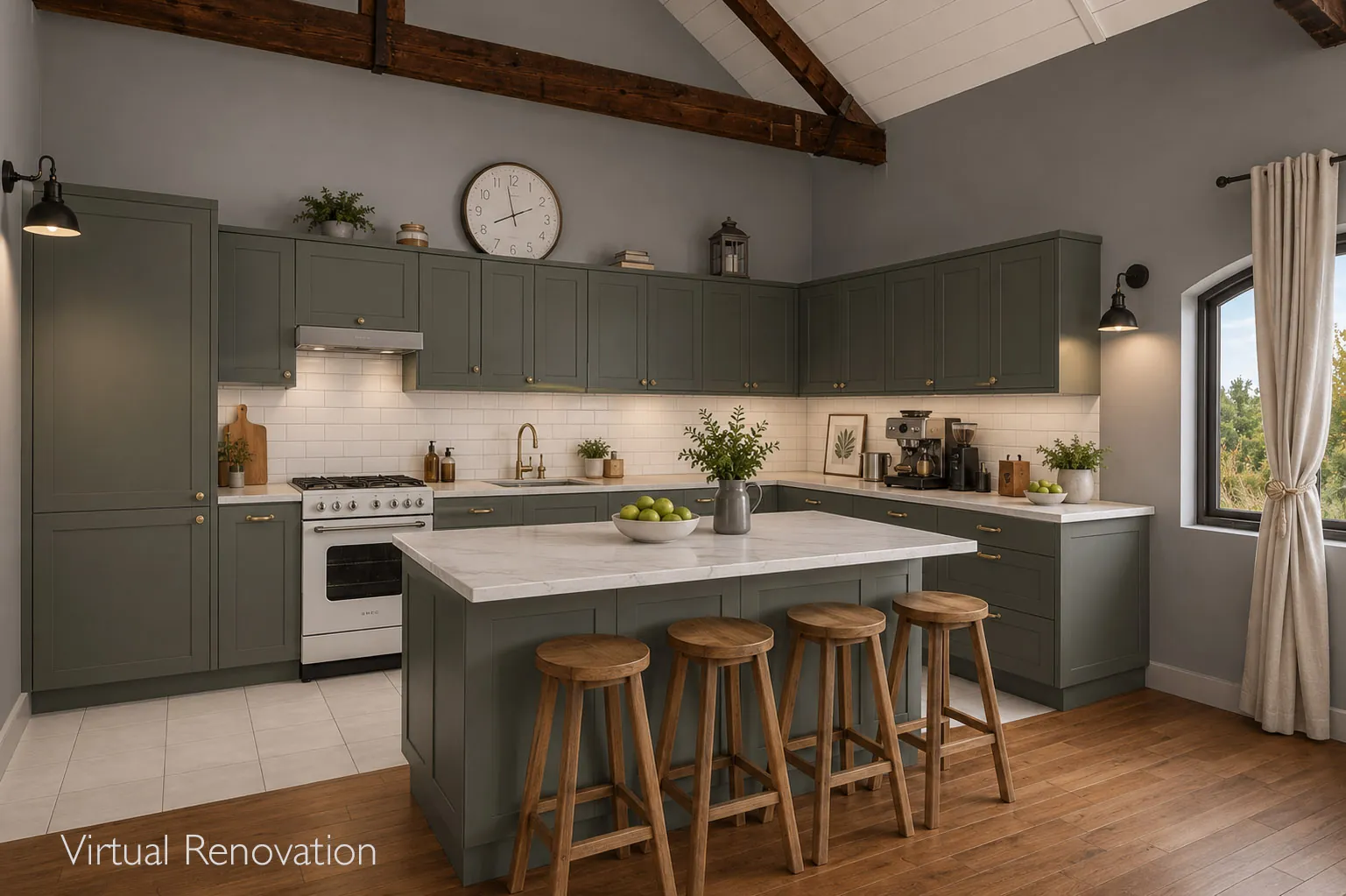 After virtual renovation: green kitchen with a central island beneath exposed timber beams