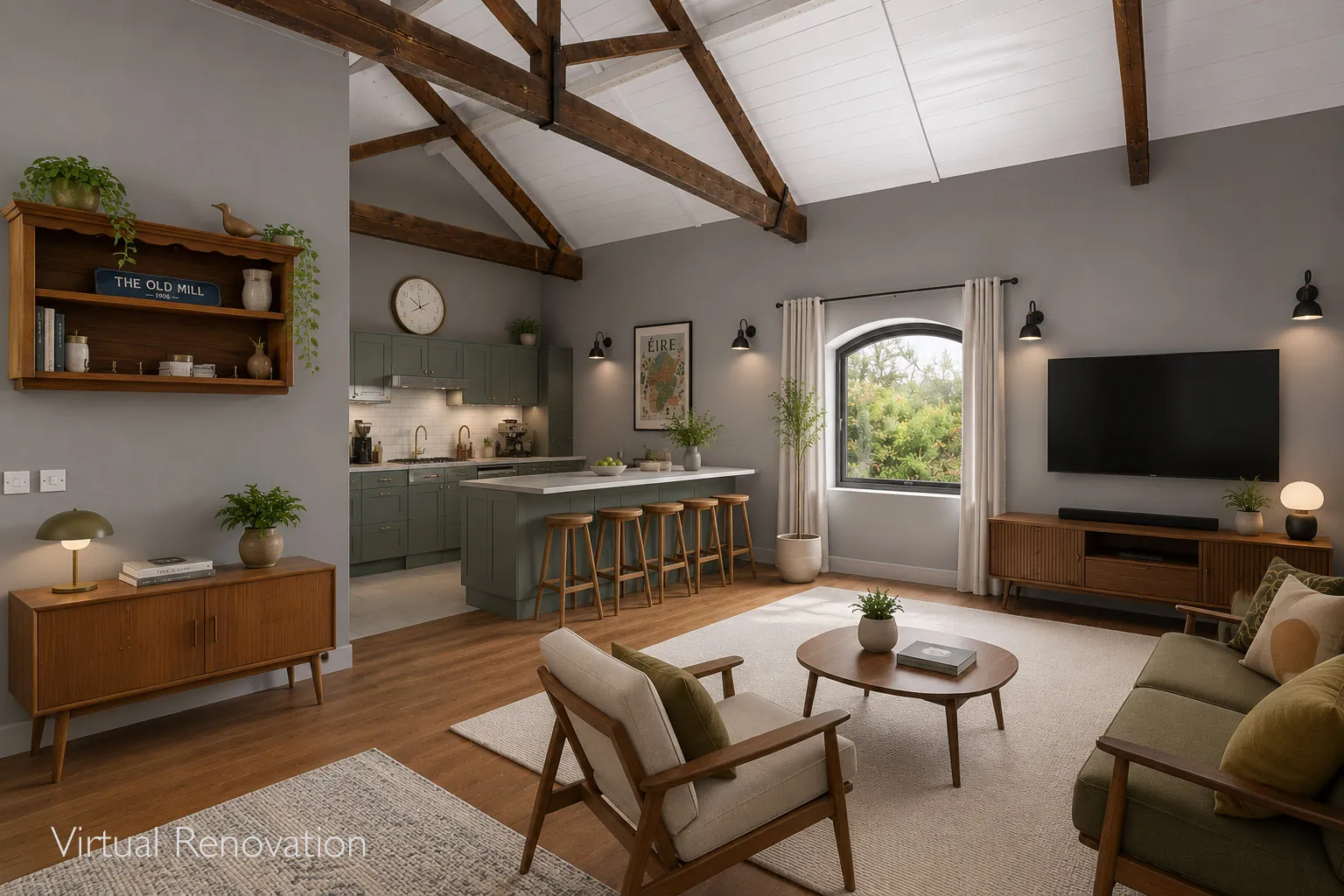 After virtual renovation: open-plan living room and green kitchen beneath exposed timber beams