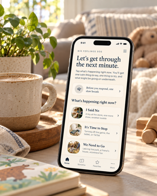 Big Feelings SOS app open on a phone beside a cup of coffee