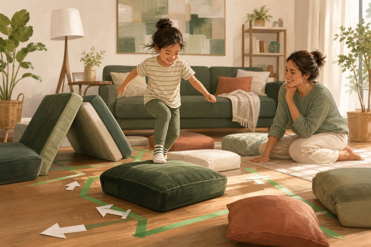Parent and child making an indoor cushion obstacle course together