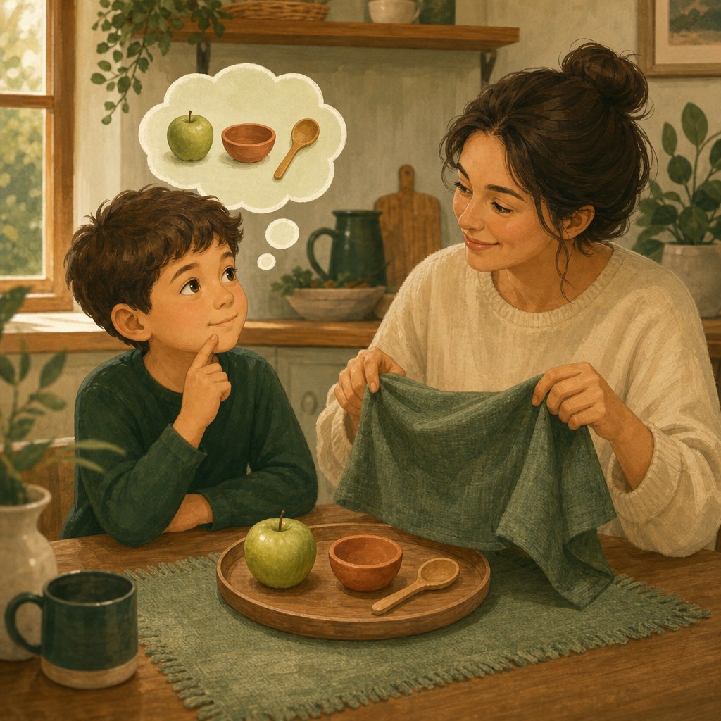Parent and child playing a memory game with everyday objects
