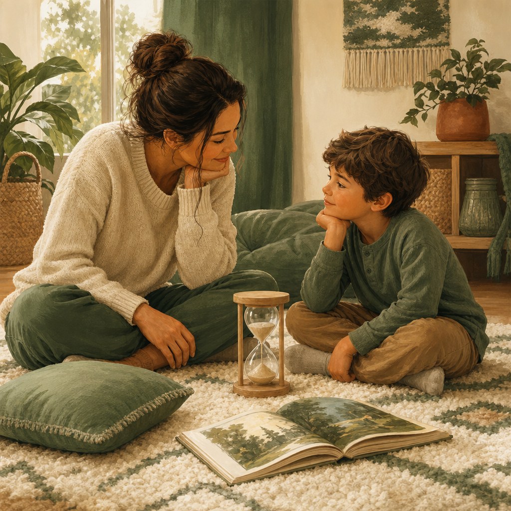 Parent and child sharing a calm reset on a rug