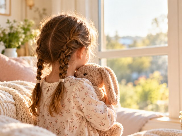 A young girl sitting by a window and holding a stuffed bunny