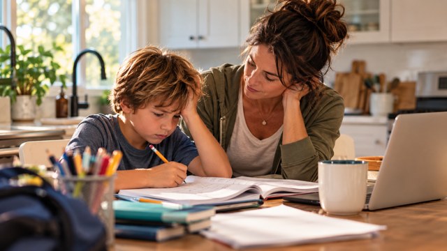 A parent helping a child with homework at the kitchen table