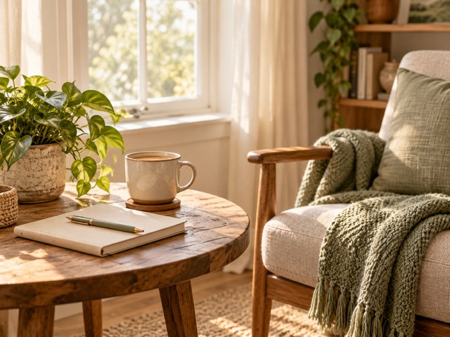 A warm, welcoming coaching space with a journal and cup of coffee
