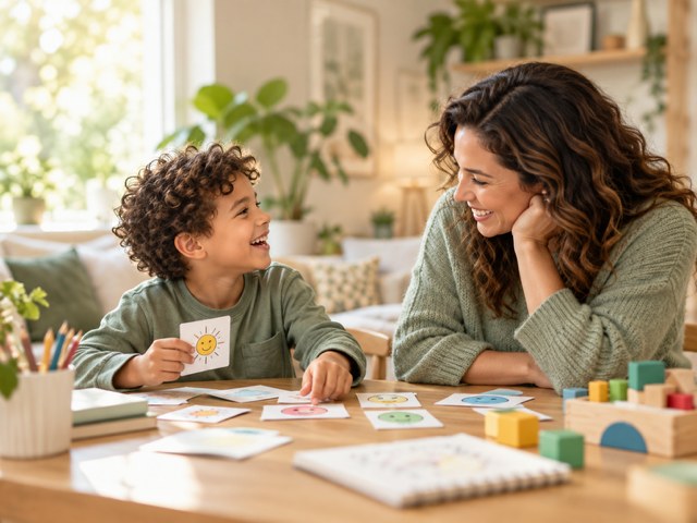 Mother and child sharing a card game together at home