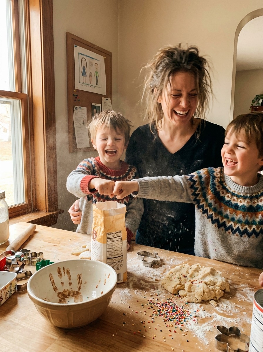 A flour-dusted mom laughing with her two sons while baking holiday cookies at a messy kitchen counter