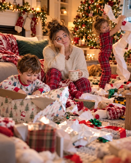 An exhausted mom amid holiday chaos with her children in pajamas nearby
