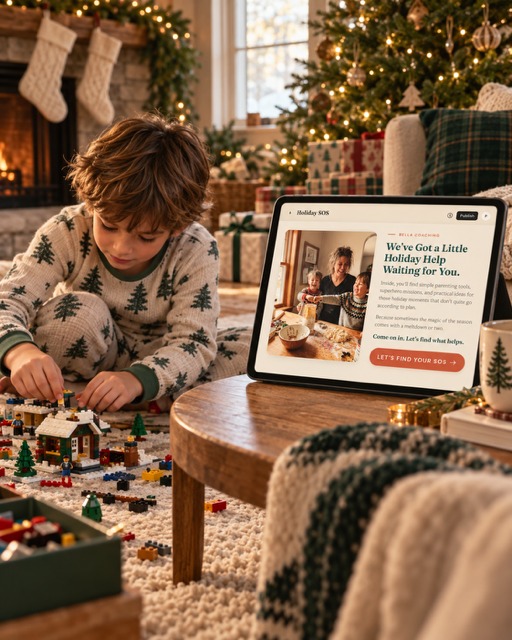 A child playing with building blocks beside a tablet displaying the Holiday SOS app, with a Christmas tree in the background