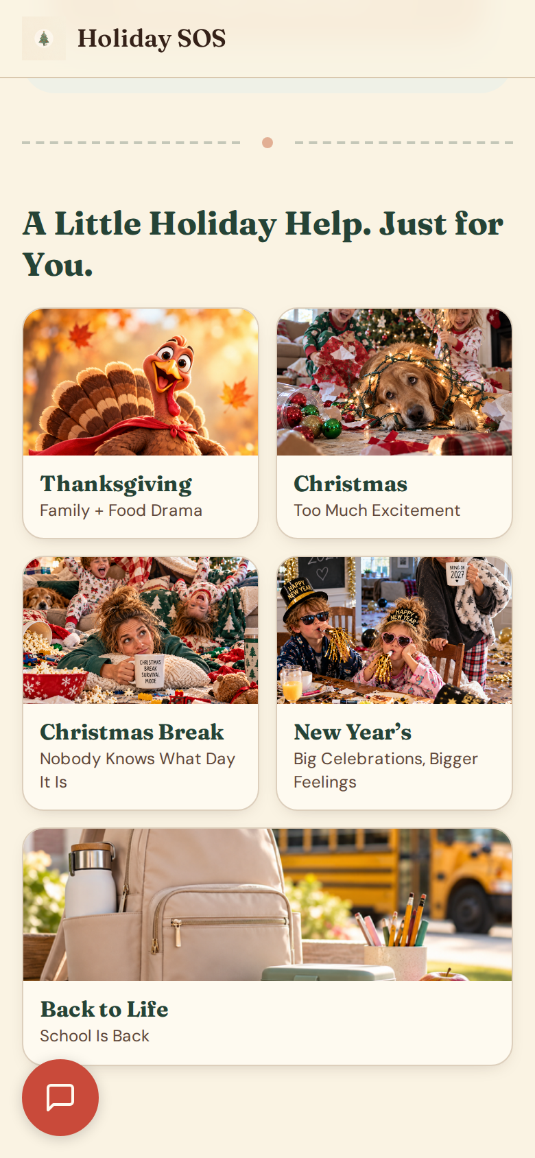 Real Holiday SOS app preview showing Thanksgiving, Christmas, Christmas Break, New Year’s, and Back to Life categories