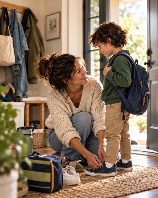 A mother helping her child get ready for school