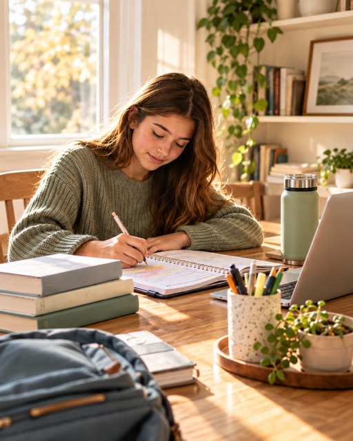 A teen working on schoolwork at a table