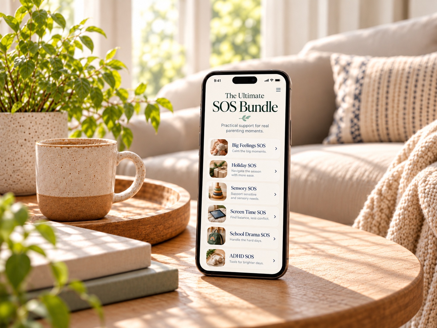 The Ultimate SOS Bundle displayed on a phone beside a mug in a sunny living room