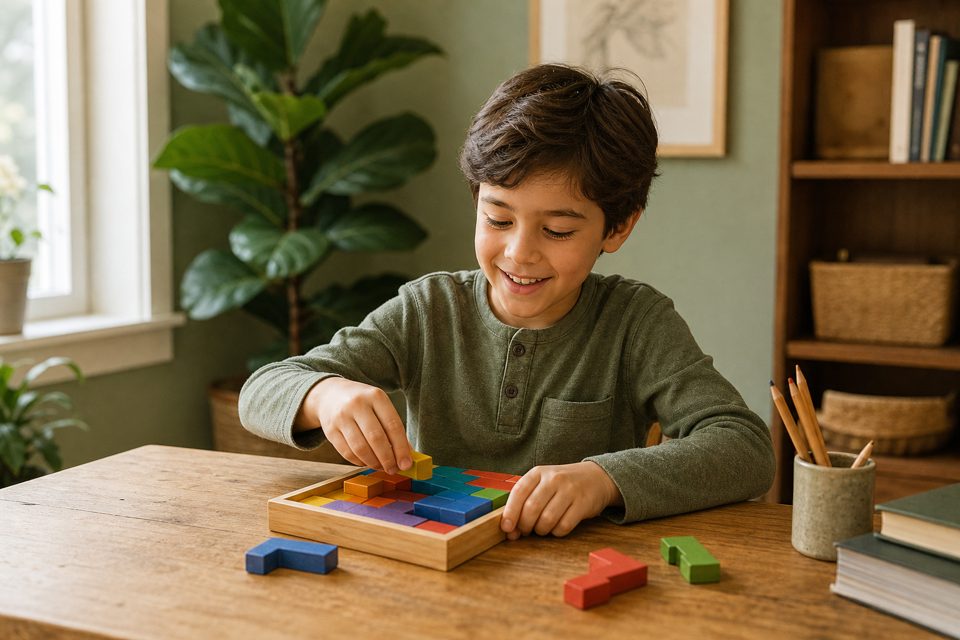 A school-age child enjoying a hands-on wooden puzzle activity