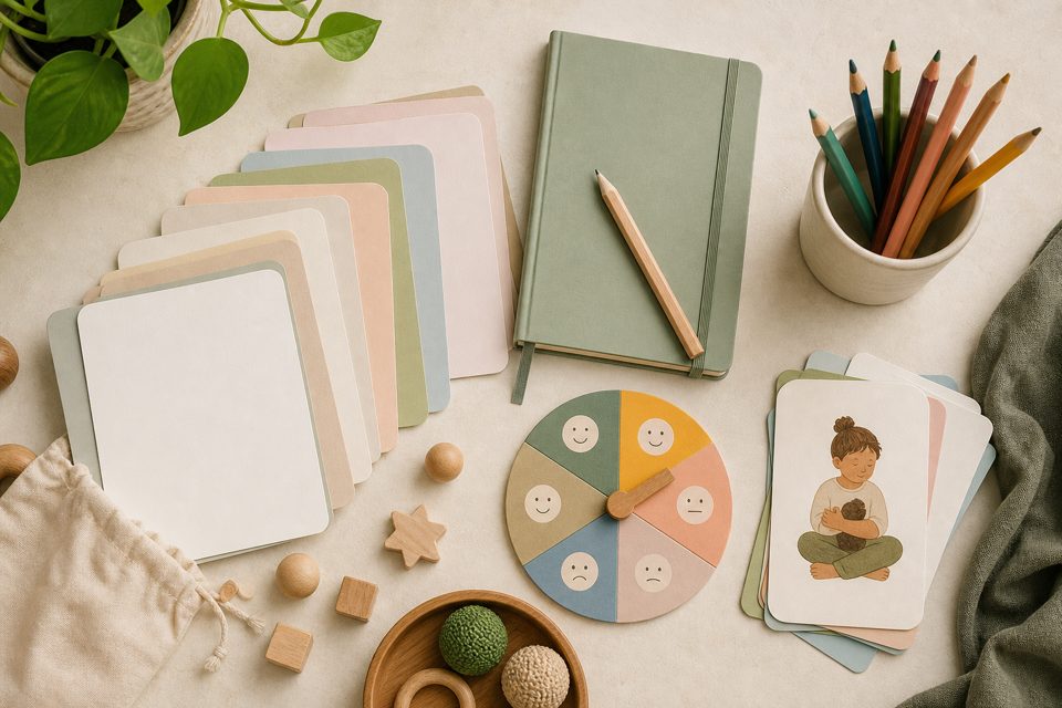A collection of parenting activity cards, pencils, a notebook, and sensory tools