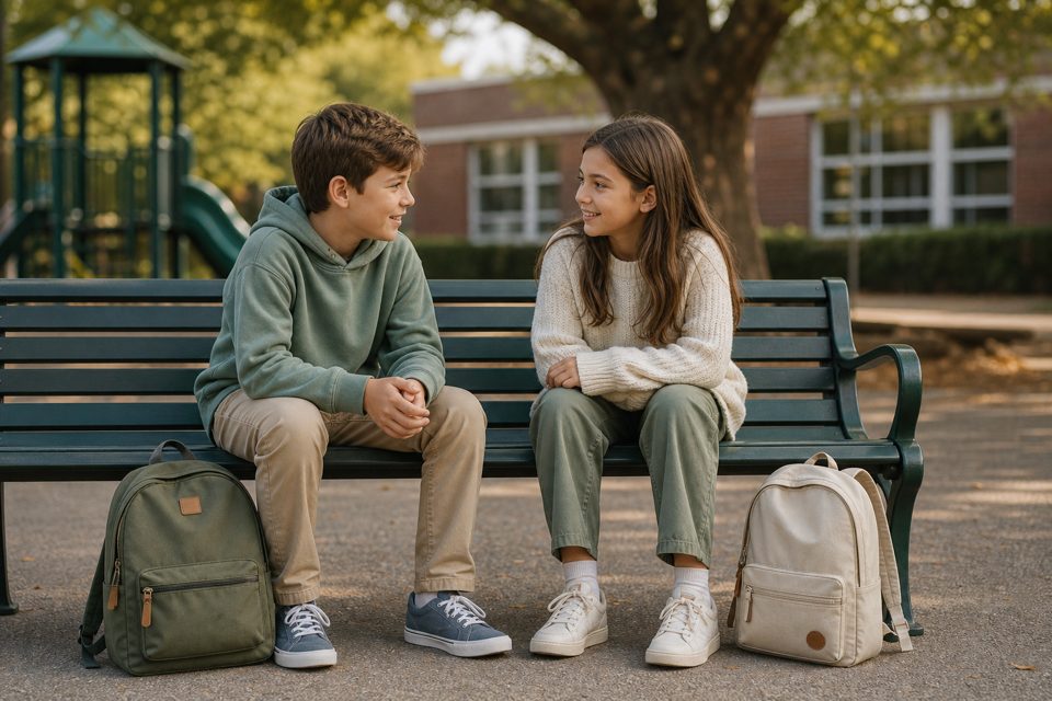 Two school-age children sharing a friendly conversation on a playground bench