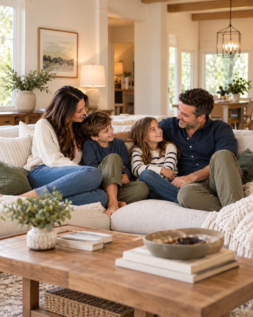 Parents and their two children sharing a relaxed moment on the sofa